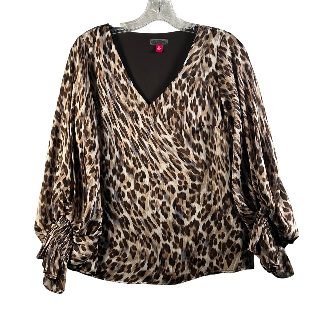 Vince Camuto Leopard Print V Neck Long Sleeve Blouse Top Women's XS